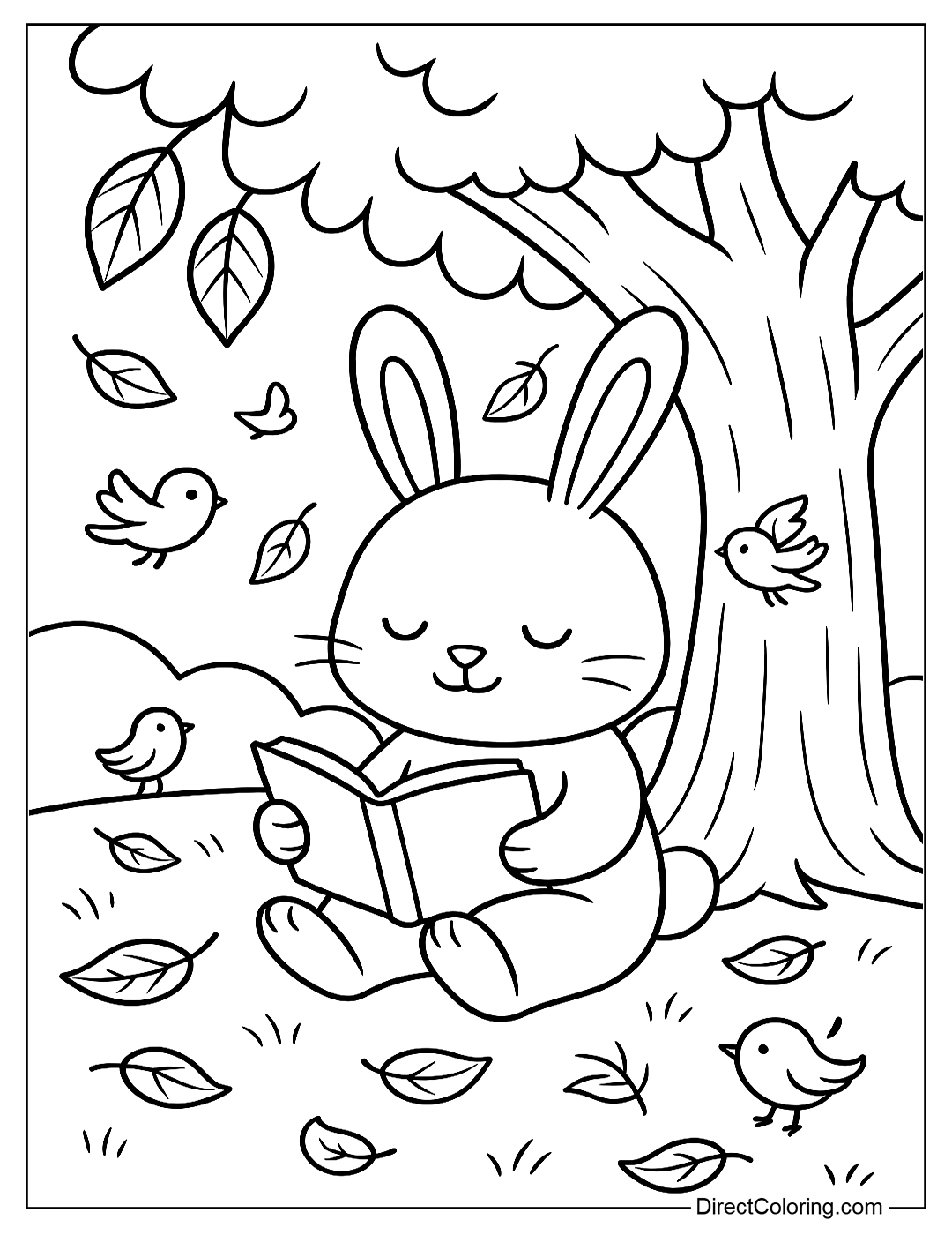 Coloring Page A rabbit is reading a book under a tree, with a peaceful scene of falling leaves and a few small birds in the background.